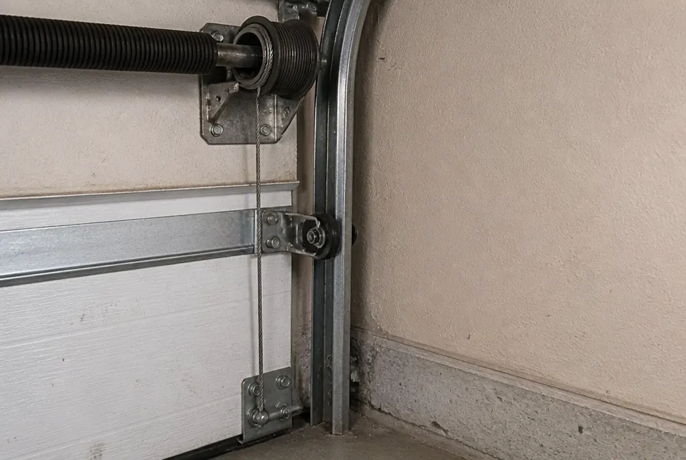 Rust and fraying on a garage door lift cable at the drum, the damage road salt does over a Colorado winter