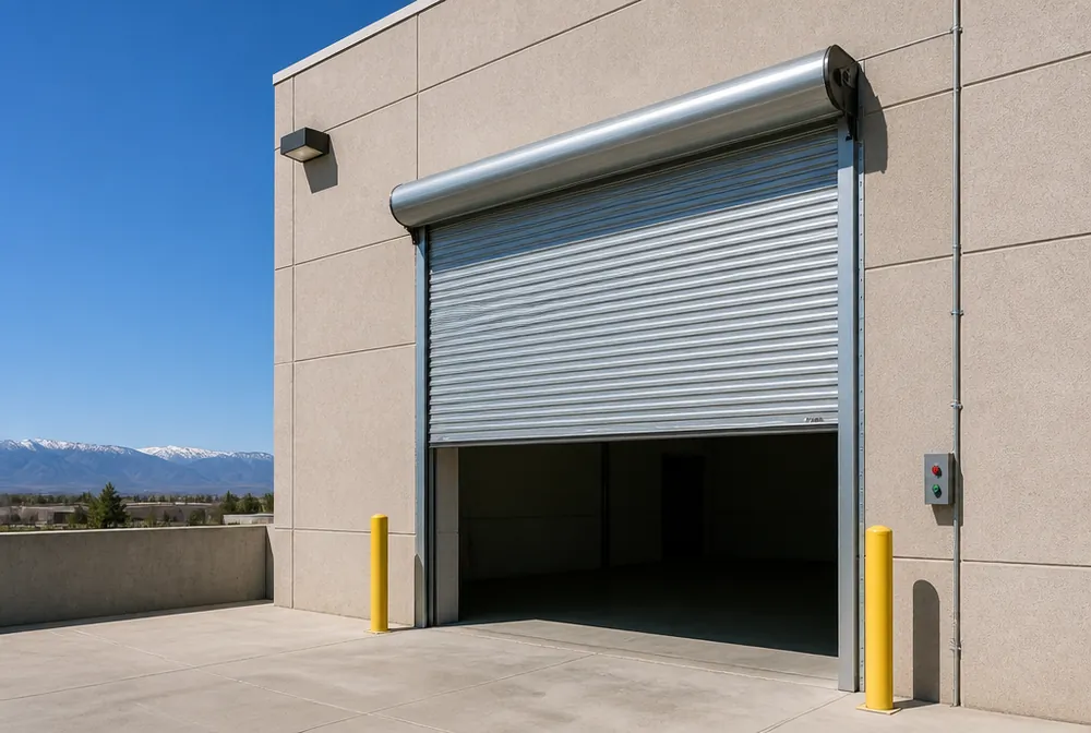 Rolling steel commercial overhead door half open at a Denver metro loading bay