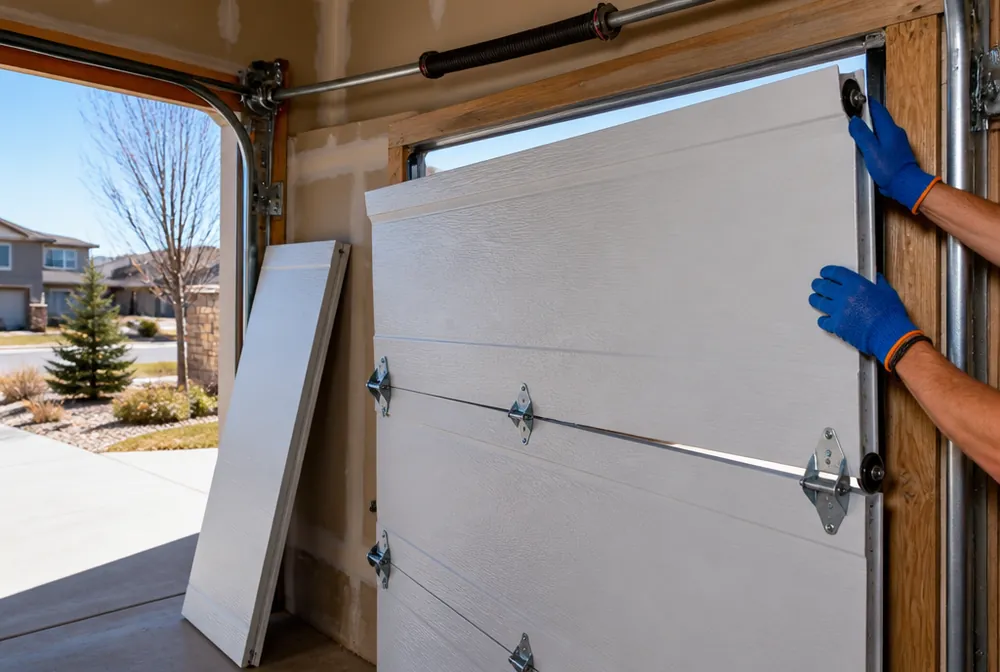 New insulated steel garage door section being set into the track of an Aurora, Colorado garage