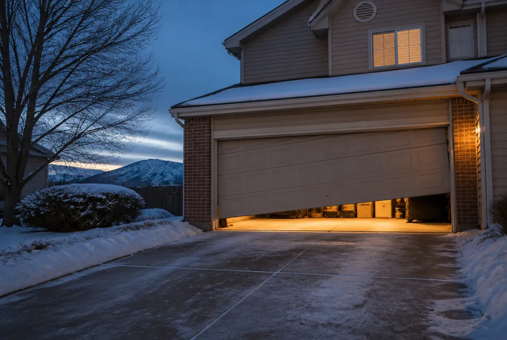 Garage door stuck part way open at a snowy Denver metro home at dusk
