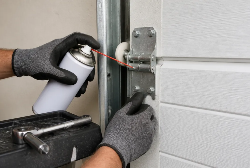 Gloved hands lubricating a garage door hinge and roller during a maintenance tune-up