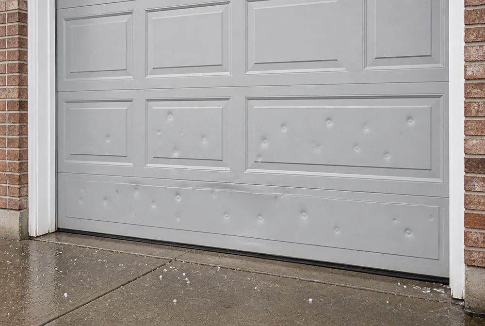 Hail dents across the lower panels of a steel garage door in the Denver metro