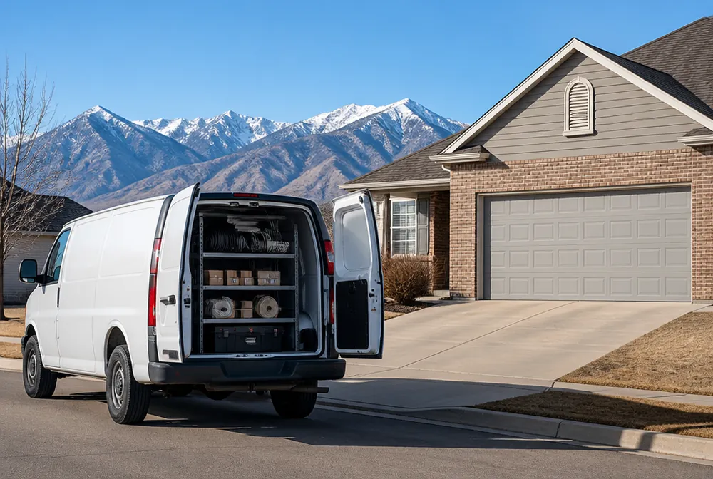 Garage door service van stocked with springs, cables and rollers outside an Aurora, Colorado home