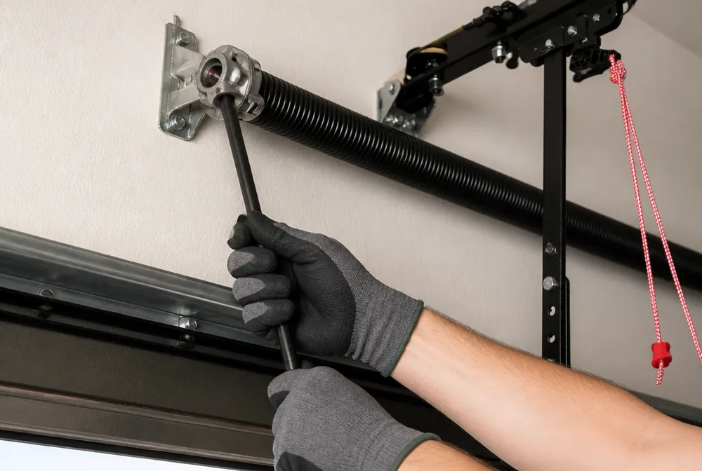 Technician using a winding bar on a garage door torsion spring in an Aurora, Colorado garage