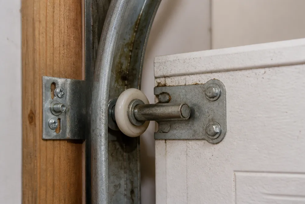 Close-up of a nylon garage door roller seated in a steel vertical track