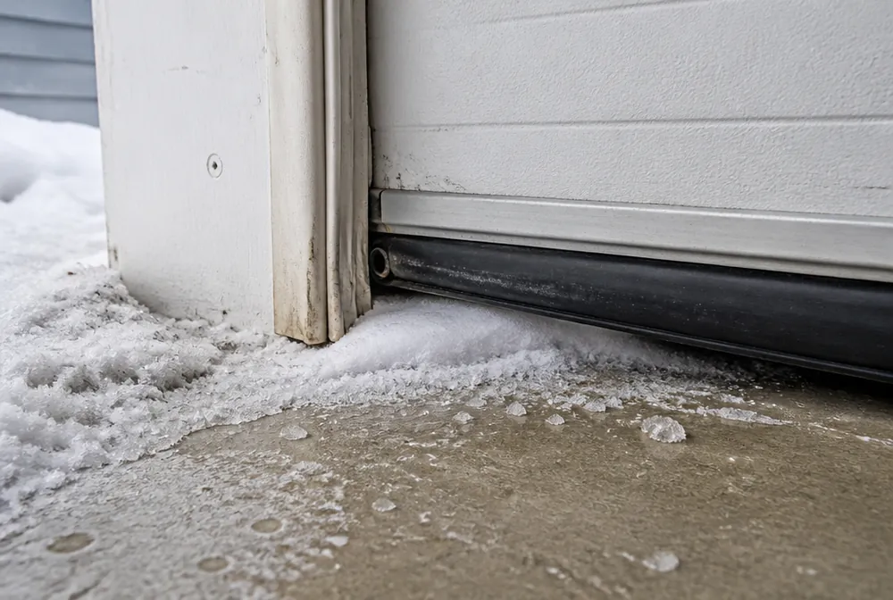 Snow blowing under the bottom weather seal of a closed garage door in Colorado